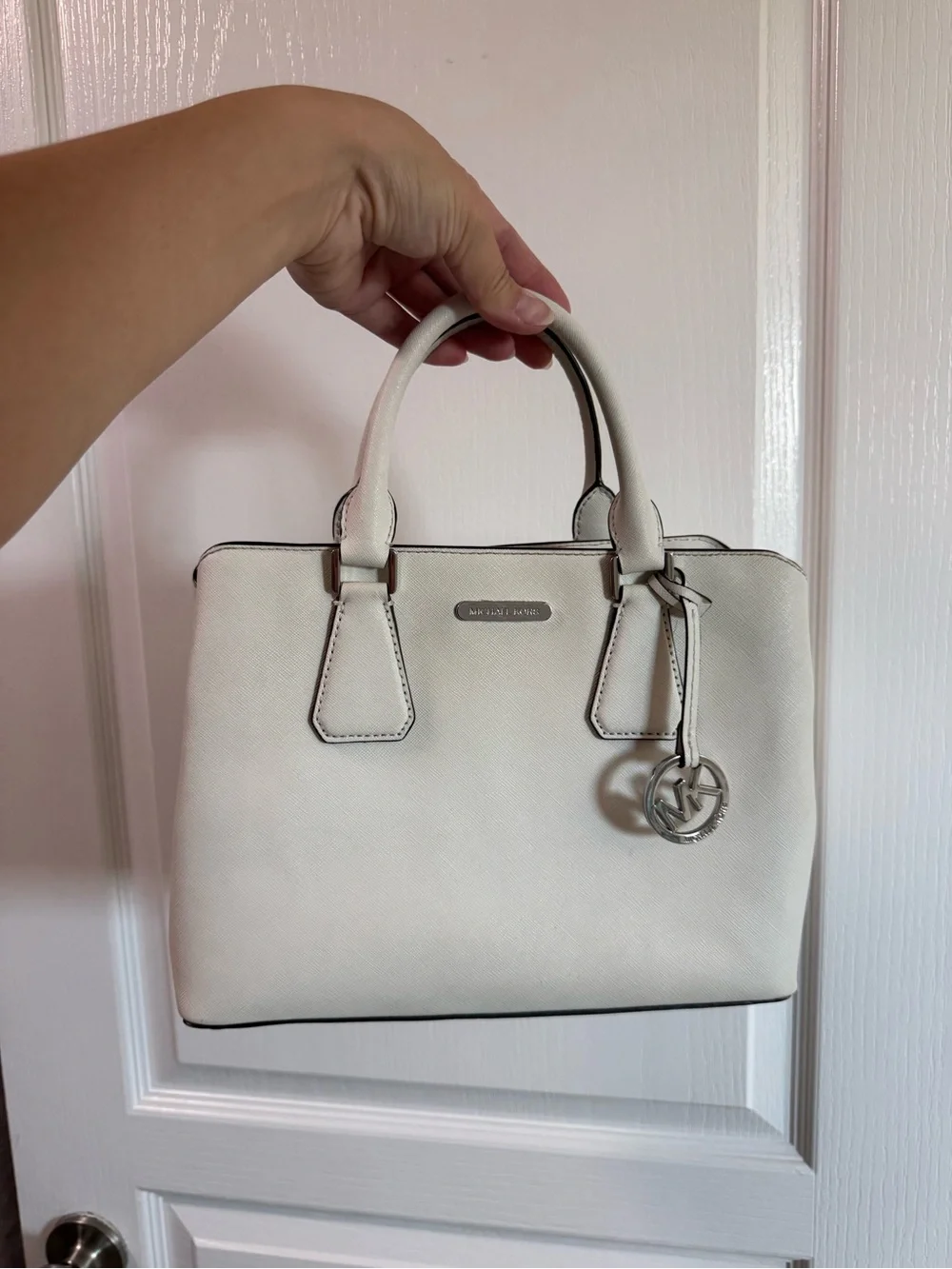 Michael Kors Cream/White Saffiano Leather Satchel with Logo Charm